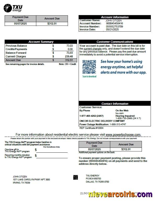 USA TXU Energy utility bill, version 7